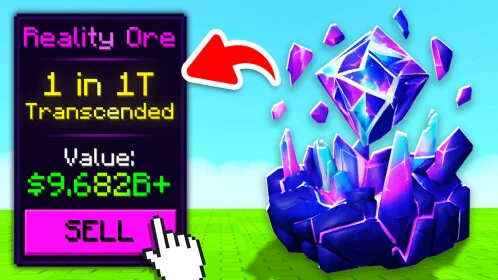 Official Roblox thumbnail for Sell Ores, showing a large cyan crystal ore in a mining base.